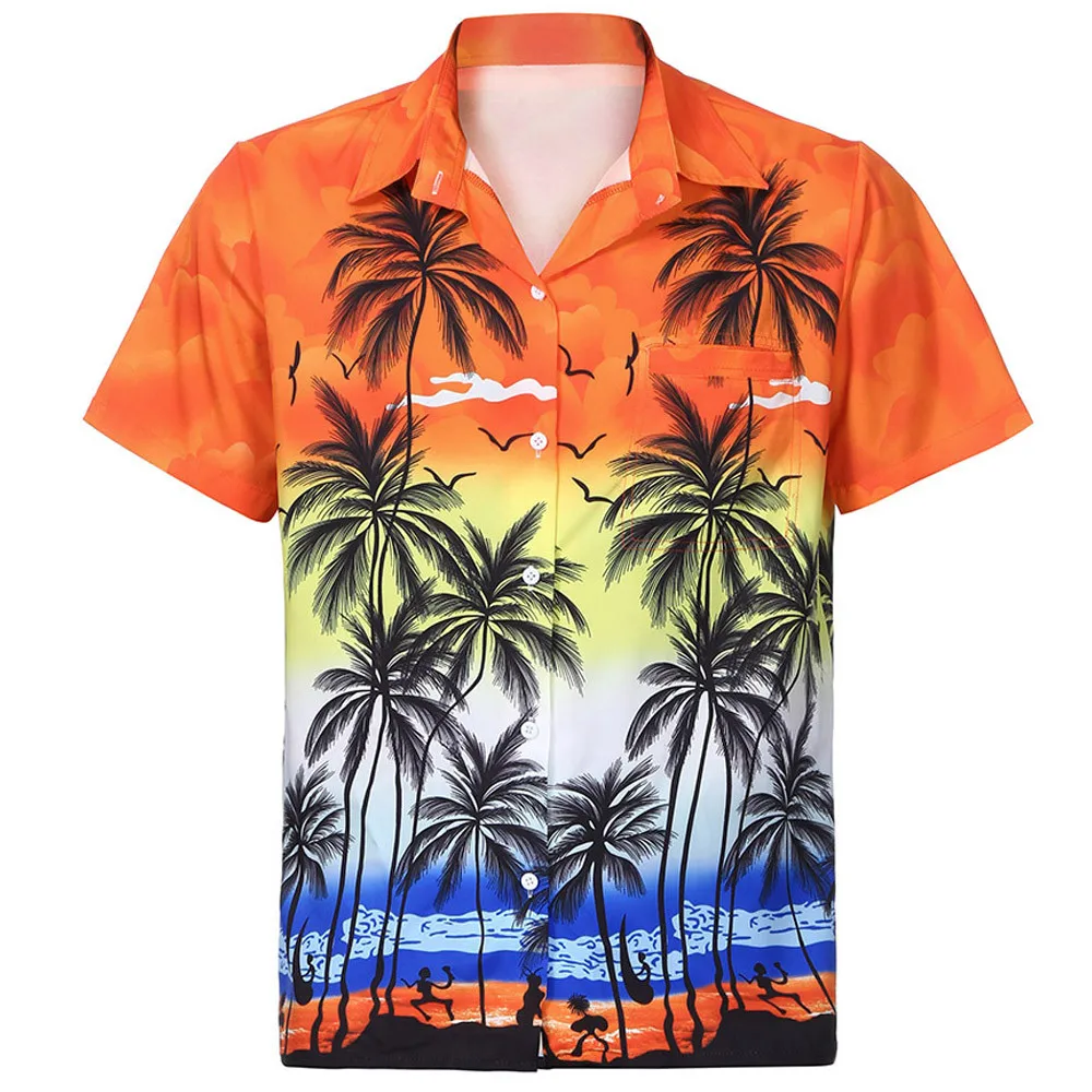 Feitong Men Hawaiian Shirt Male Short Sleeve Front Pocket Beach Floral