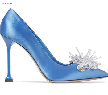 

2020 New women blue pumps sexy party shoes crystal pumps dress shoes diamond high heels dress pumps point toe wedding shoes