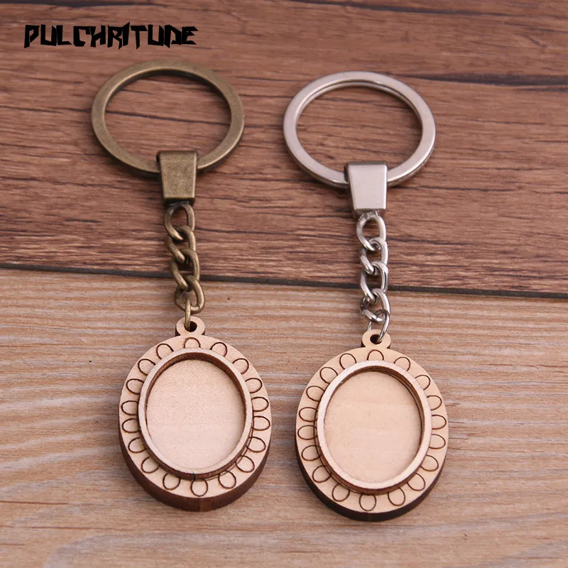 

PULCHRITUDE 2pcs 18*25mm Oval Wood Cabochon Settings Metal Keyring Accessories Diy Blank Wooden Base Trays For Key Chain 8E1710