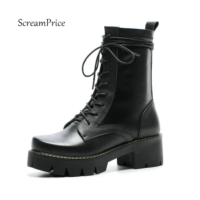 Goede De Nieuwe Lederen Platform Lage Vierkante Hak Vrouw Martin Laarzen Fashion Lace Up Dames Enkellaars Zwart