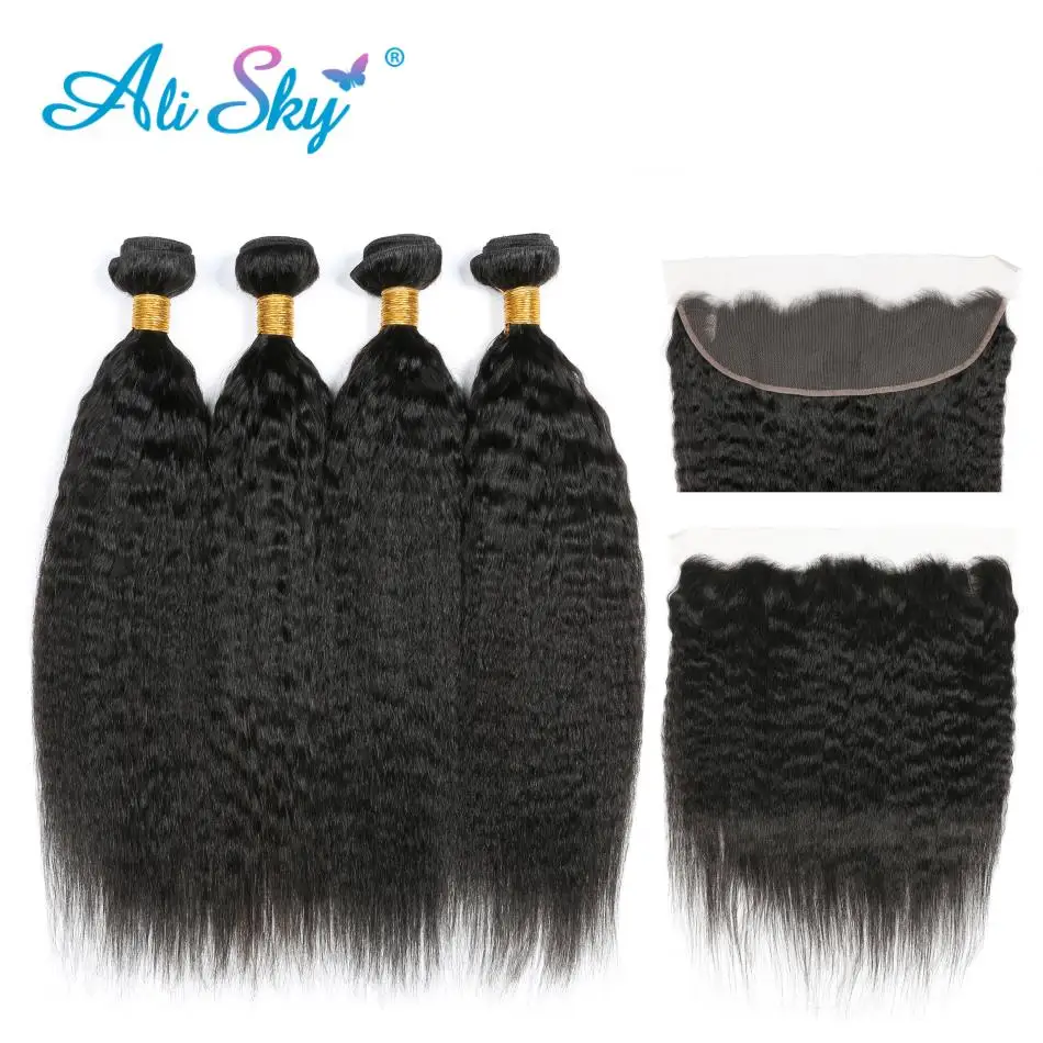 Ali Sky Kinky Straight 4 Bundles With lace Frontal Closure Peruvian Hair Bundles with 13x4 Ear To Ear Lace Frontal Non-Remy Hair