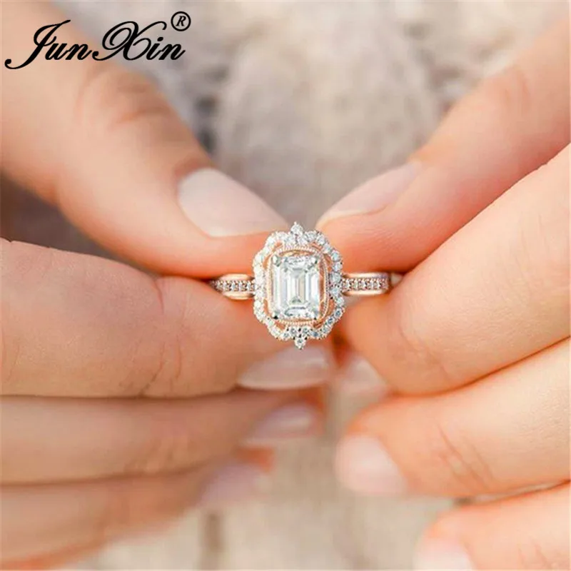 JUNXIN Princess Cute Stone Square White Crystal Rings For Women Silver/Rose Gold Filled Luxury Zircon Fashion Engagement Ring