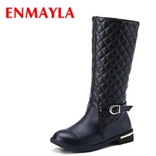 ENMAYLA/размер 41, зимние женские полусапожки на плоской подошве, осенняя женская обувь черного цвета на плоской подошве, сапоги до колена с пряжкой модные ботинки на платформе
