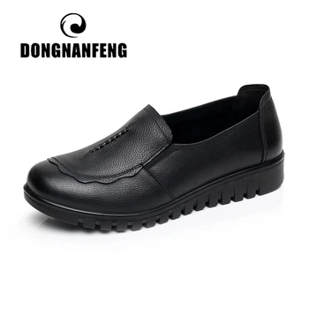 

DONGNANFENG Women Female Old Mother Flats Shoes Loafers Slip On Round Toe Black Cow Genuine Leather Casual Non Slip 35-41 HD-807