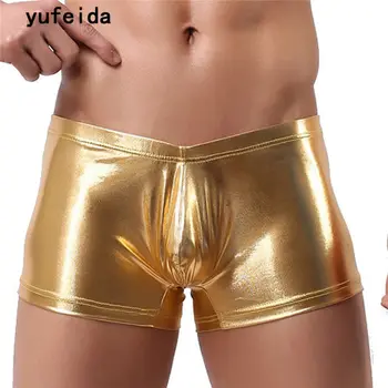 

YUFEIDA Sexy Men Underwear Boxer Shorts PU Leather Shiny Elastic Boxers Trunks Male Underpants Bulge Pouch Party Dance Clubwear