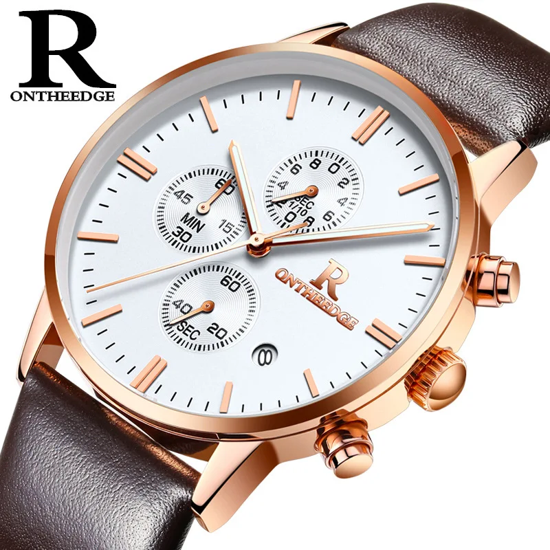 

ONTHEEDGE Mens Watch Luxury Male Clock Casual Waterproof Watch Man Quartz-watch Genuine Leather Watch Men Relogio Masculino