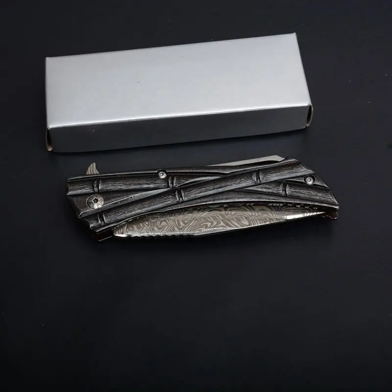 microtech bamboo tactical folding knife damascus pattern blade rescue edc tools (3)