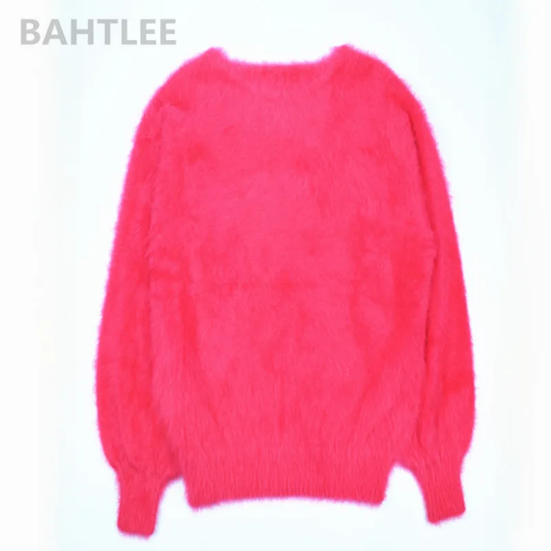 BAHTLEE осенне-зимний женский вязаный пуловер из Ангорского Кролика, свитер с круглым вырезом и рукавом-фонариком, норка, кашемир, толстый, сохраняет тепло - Цвет: Peach red