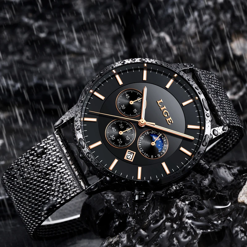 Watch Men New LIGE Mens Watches Top Brand Luxury Quartz Wristwatch Men Full Steel Grid Casual Strap Waterproof Sport Chronograph