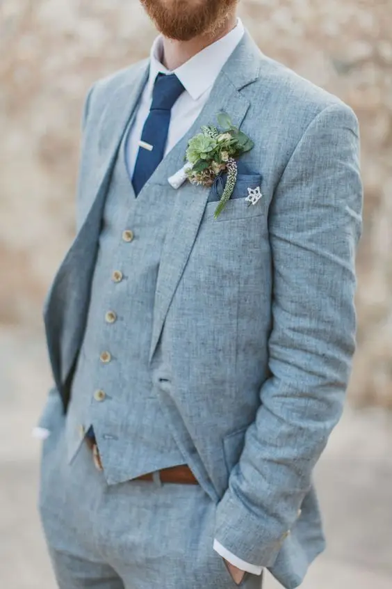 

2018 Latest Coat Pant Designs smoking blue linen classic suit for wedding business evening party slim fit skinny blazer 3 pieces