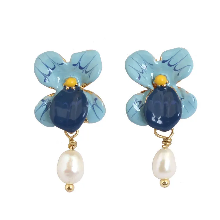 

dyxytwe Enamel glaze Process Blue Flower 925 Silver Pin Women Earring stud New Arrival