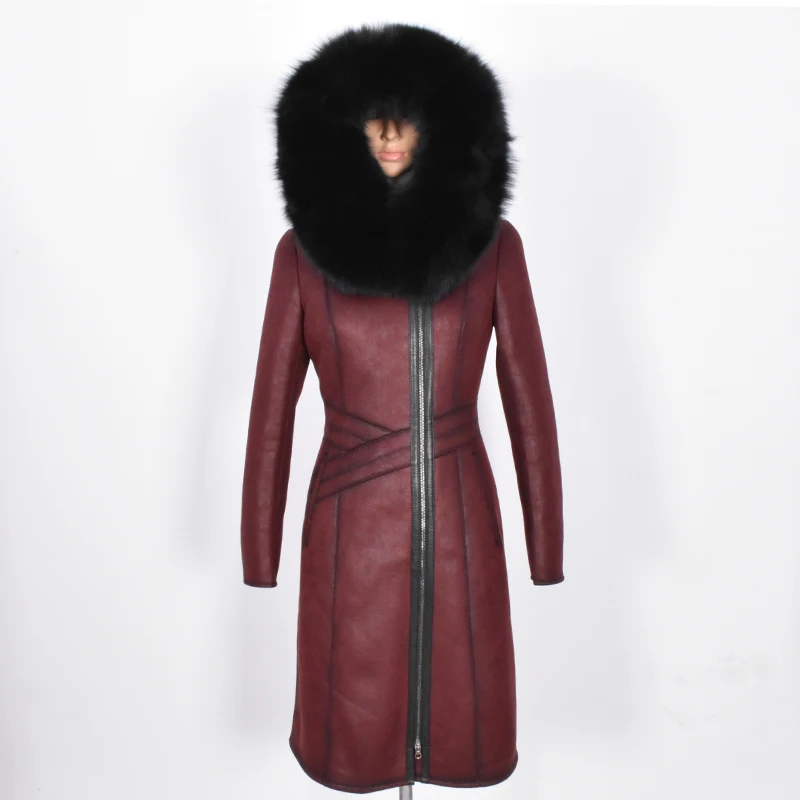 Fashion Casual Warm slim thick hooded female plus size 7xl oversize suede Lady Fur Coat  Winter Real Fox Fur leather Long jacket