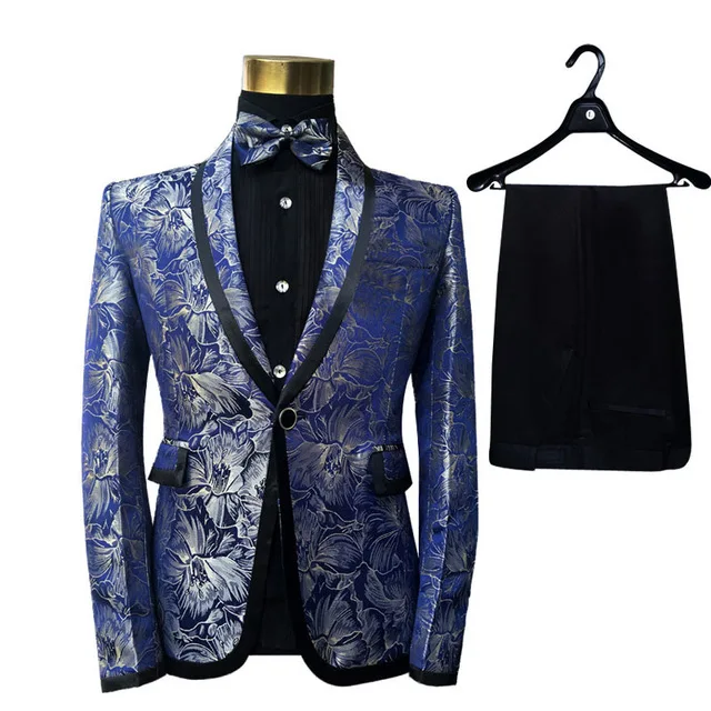 

New Fashion Shawl Lapel Blue Floral Pattern Jacquard Banquet Singers Slim Fit Suit Men Costume Homme Latest Coat Pant Designs