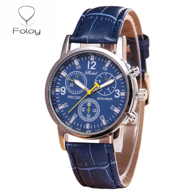 Foloy Business sport Men Watch Quality Fashion Numerals Faux Leather Analog Quartz gentleman watches Bracelet Clock Gift - Цвет: Синий