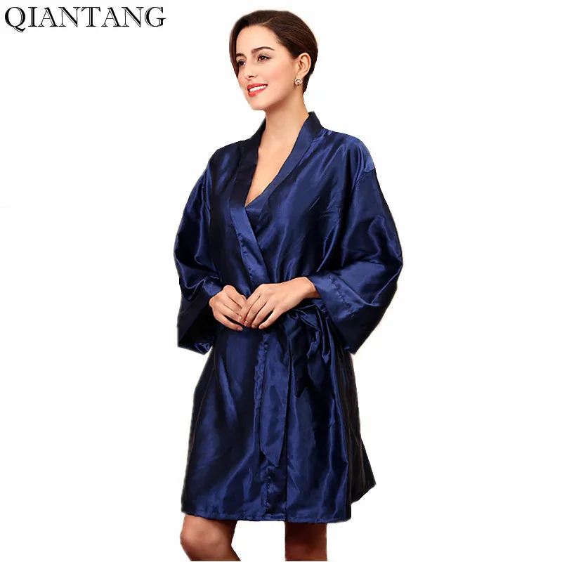 Navy Blue Womens Robe Hot Sale Lady Faux Silk Kimono Bath Gown Sexy