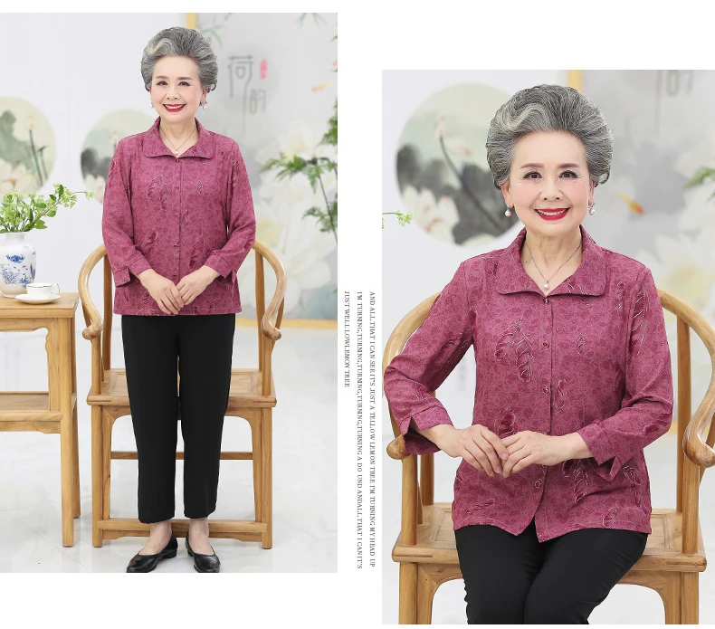 Elderly Women Casual Shirts Red Blue Feather Pattern Blouses Female Spring Autumn Tops Gold Stamping Shirt Mother Grandma Blouse (7)
