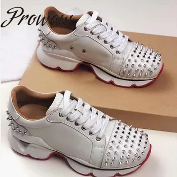 

Prowow New Quality Luxury Genuine Leather Studded Summer Casual Shoes Punk Style Lace Up Flats Shoes Women