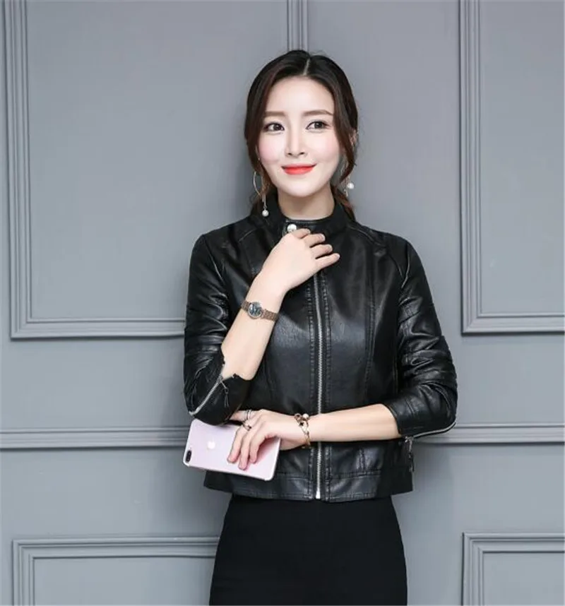 

2019 New Autumn PU Faux Leather Short Zipper Motorcycle Jackets Women Long Sleeve Slim Punk Lady Basic Street Coat Plus Size