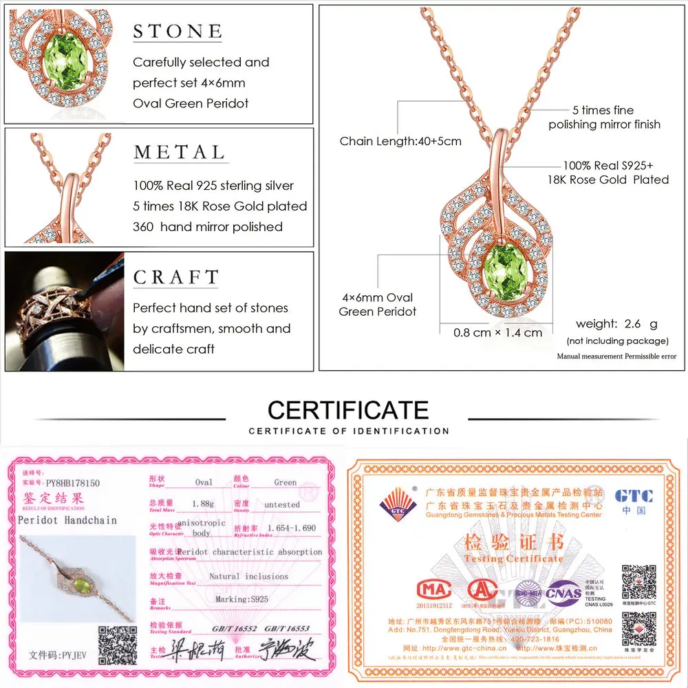 LAMOON Classic Leaf 100% Natural Oval Green Peridot Chain Necklace 925 Sterling Silver Jewelry LMNI058