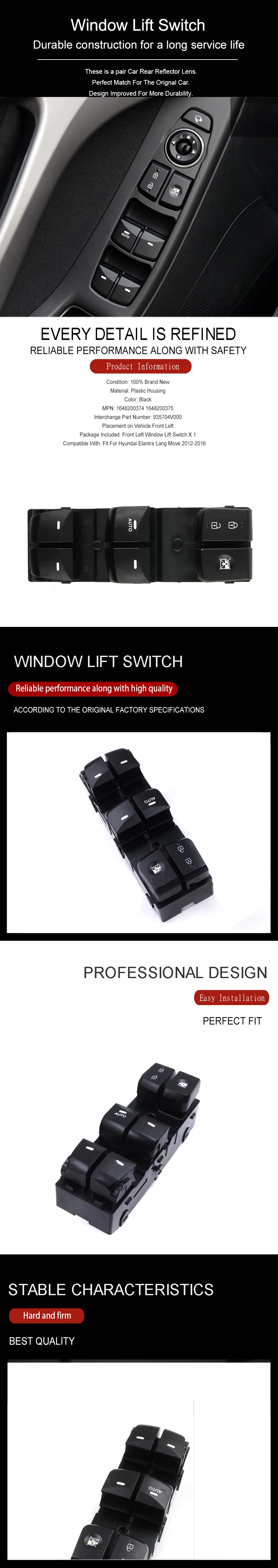 Wooeight 93570-4V000 935704V000 Front Left Window Control Switch Fit For Hyundai Elantra Lang Move 2012 2013 2014 2015 2016 (7)