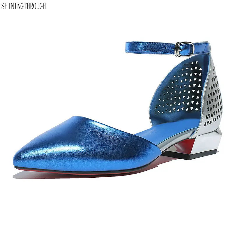 

Fashion low heel Women's Shoes genuine leather women Pumps summer style Pointed Toe Office Lady Shoes blue
