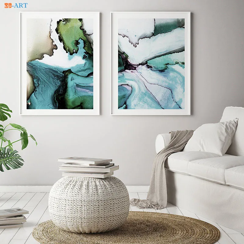 Абстрактным акварельным принтом кисти Wall Art сине белые современный