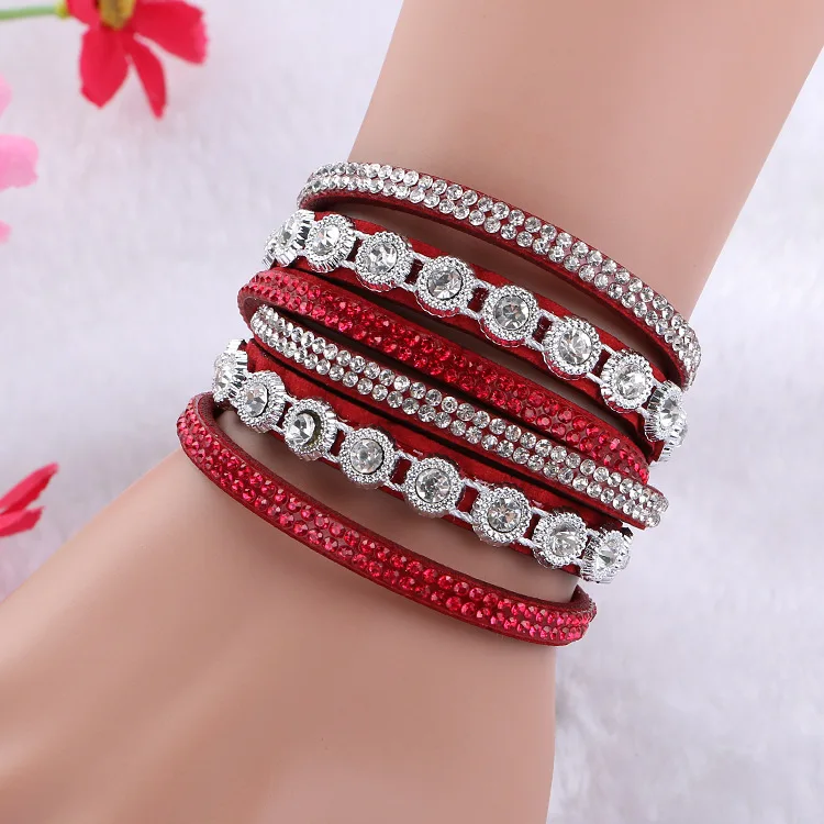 Трендовый многослойный браслет с кристаллами для женщин, женские браслеты со стразами, двойные кожаные бархатные пульсирующие браслеты - Окраска металла: red