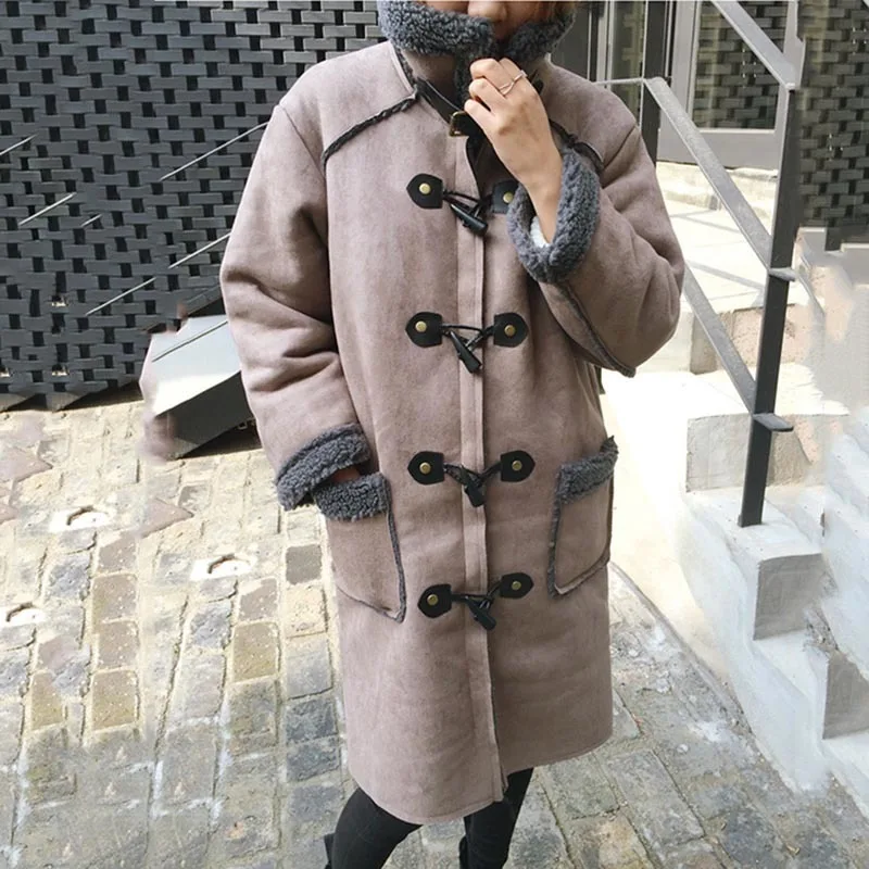 soonyour 2016 Winter Fashion New Lamb Wool split joint Long Sleeve Suede Fabric Horn Buckle
