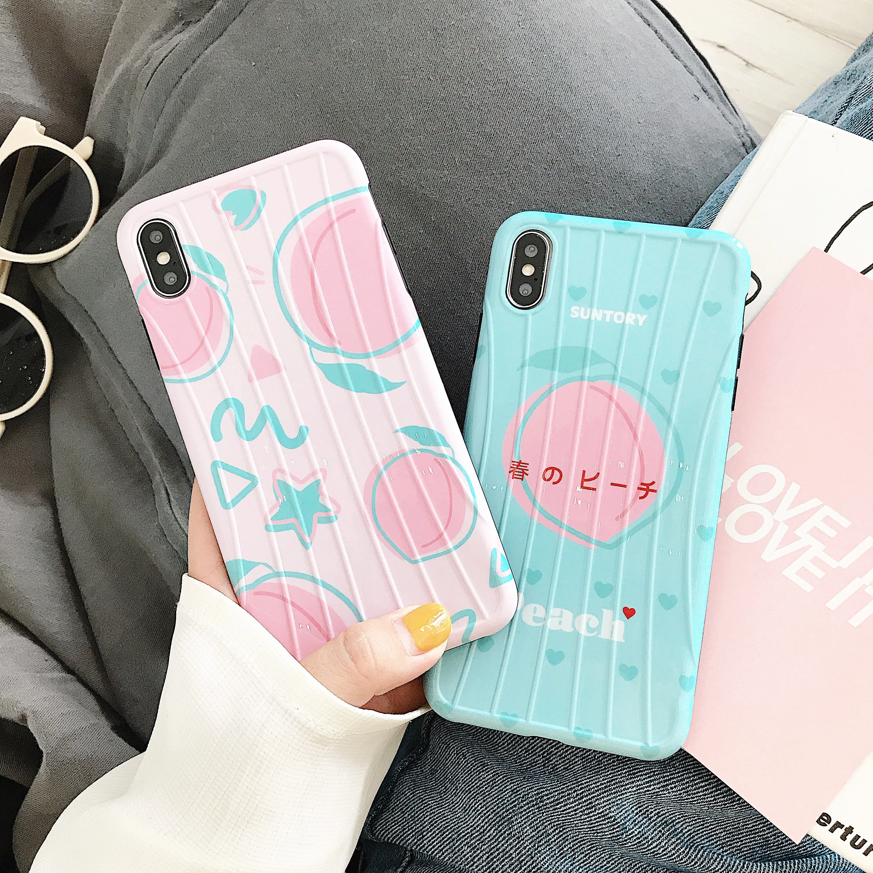 

Minimum mobile phone case for iphone6 6s 7 8 PLus Luxury Trunk style Peach Fruit Pattern Cute iphoneX XS XR XsMax case IMD cover