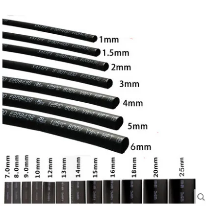 

5meter/lot Heat Shrink Tubing Tube Black Color 1mm 1.5mm 2mm 3mm 4mm 5mm