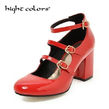 

Patent Leather Women Mary Jane Pumps Elegant Ladies Casual Square High Heels Shoes Plus Size 34-43 Red Wedding Shoes Woman