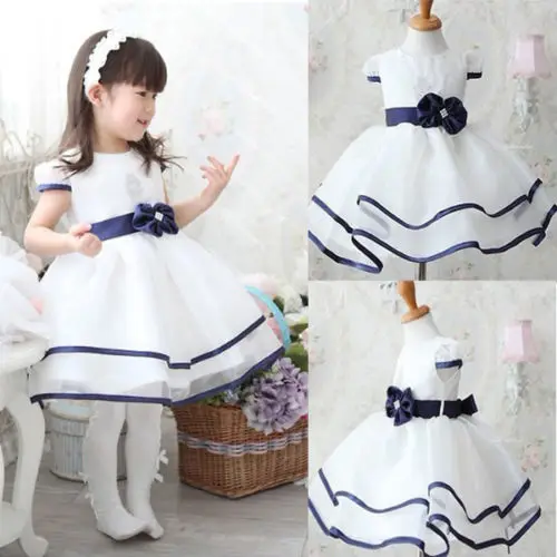 

Baby Toddler Girl Formal Party White Gown Dress with Navy Blue Waistband 6M-3T