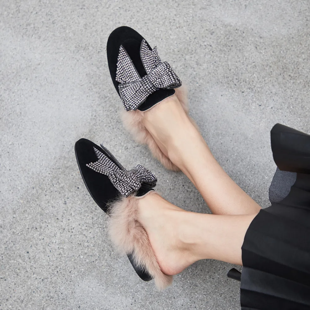 

Crystal Bowknot Slippers Women Flats Round Toe Gleaming Rhinestone Mules Shoes Rabbit Fur Slipper Slides for Women