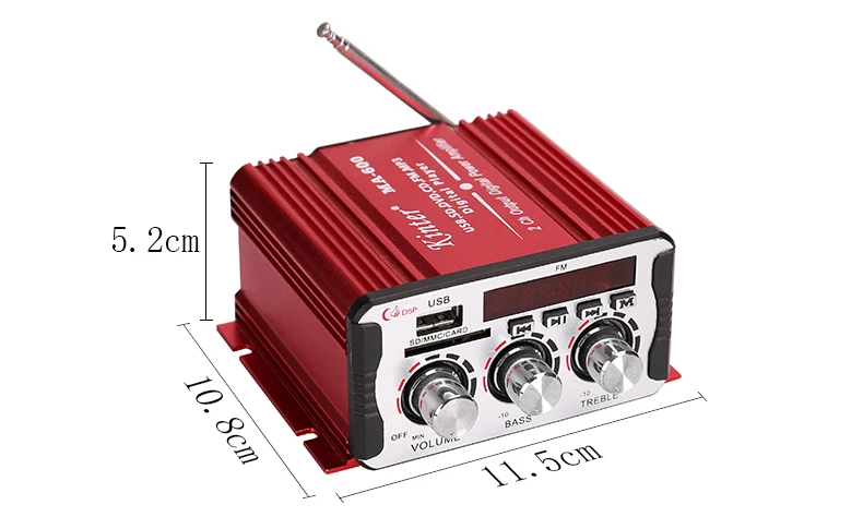 kinter MA-600 mini amplifier audio 2.0 channel 25W with usb sd MP3 FM led digital display remote control connect speaker play stereo sound adjust bass treble DC 12V power input red aluminum enclosure (33)