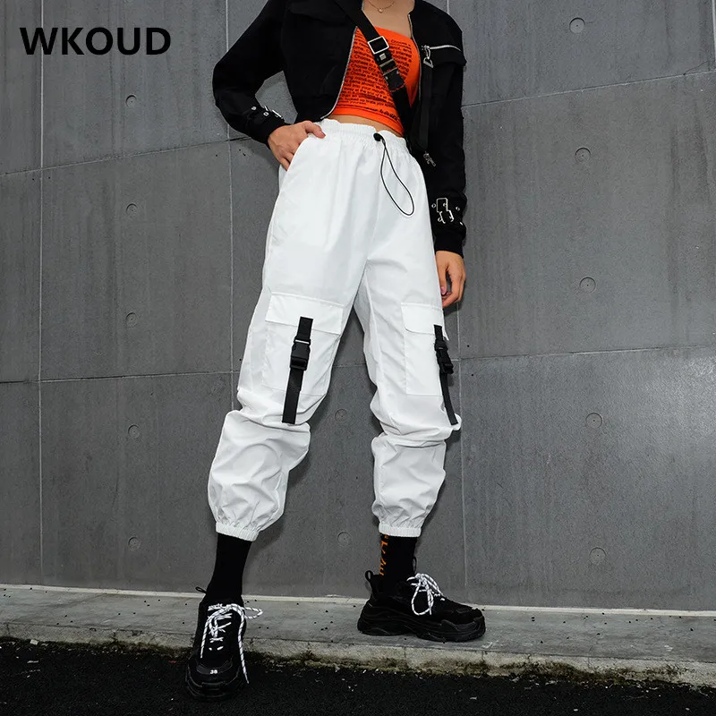 

WKOUD Sexy White Streetpants Women's New Fashion High Waist Cargo Pants Joggers Casual Koren Streetwear Trousers P8766