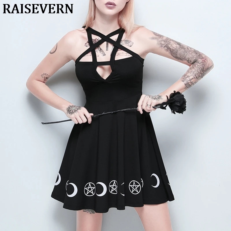 

2019 Goth Dark Aesthetic Vintage Black Print Dress Summer Elegant Casual Button Mesh Dresses Spaghetti Strap V- Neck Dress