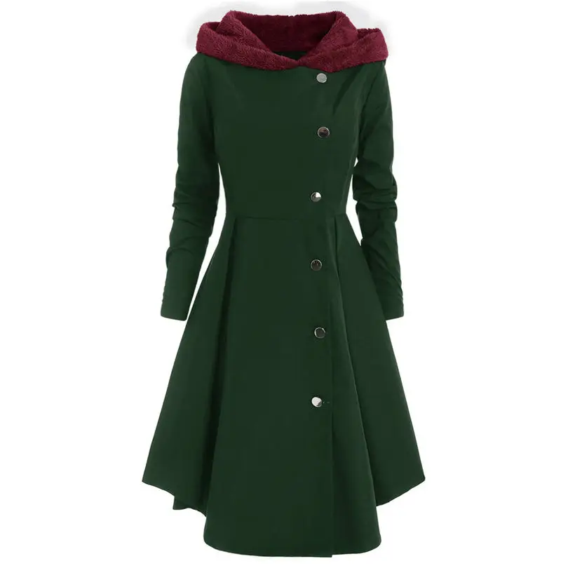 New Women fashion Plus Size Asymmetric Keep Warm Fleece Hooded Single Breasted Long Drap Buttons Coat #4F10 (7)