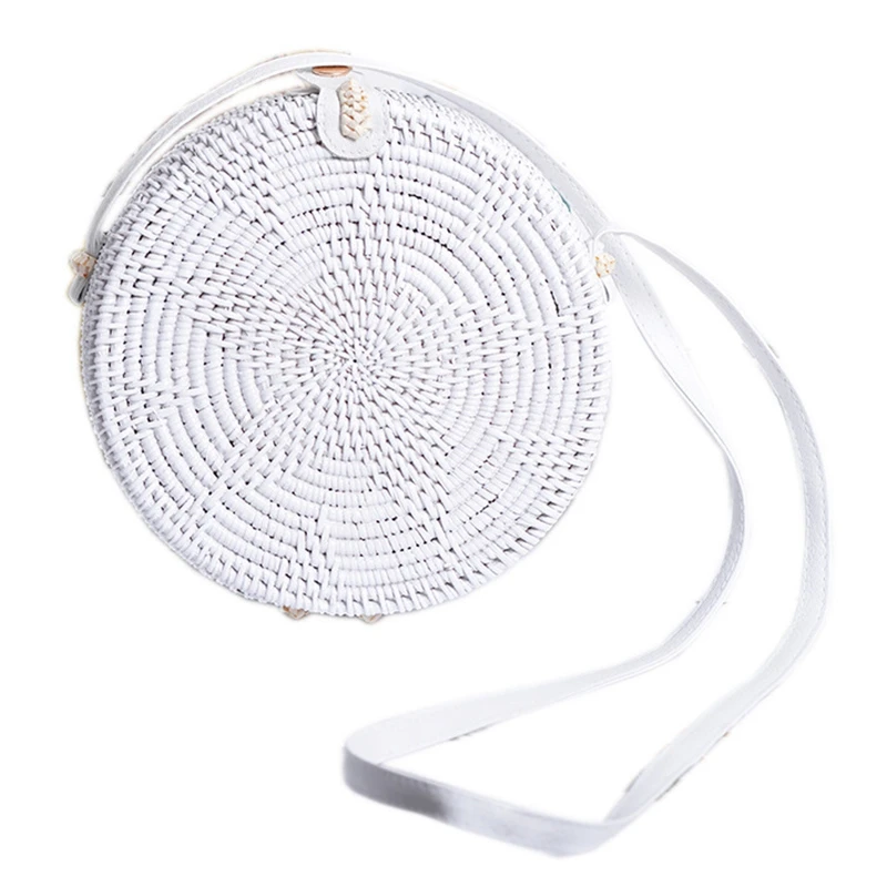 

ABSF Summer White Rattan Bag Round Straw Bag Handbags Women Handmade Woven Beach Circle Handwoven Round Retro Bag