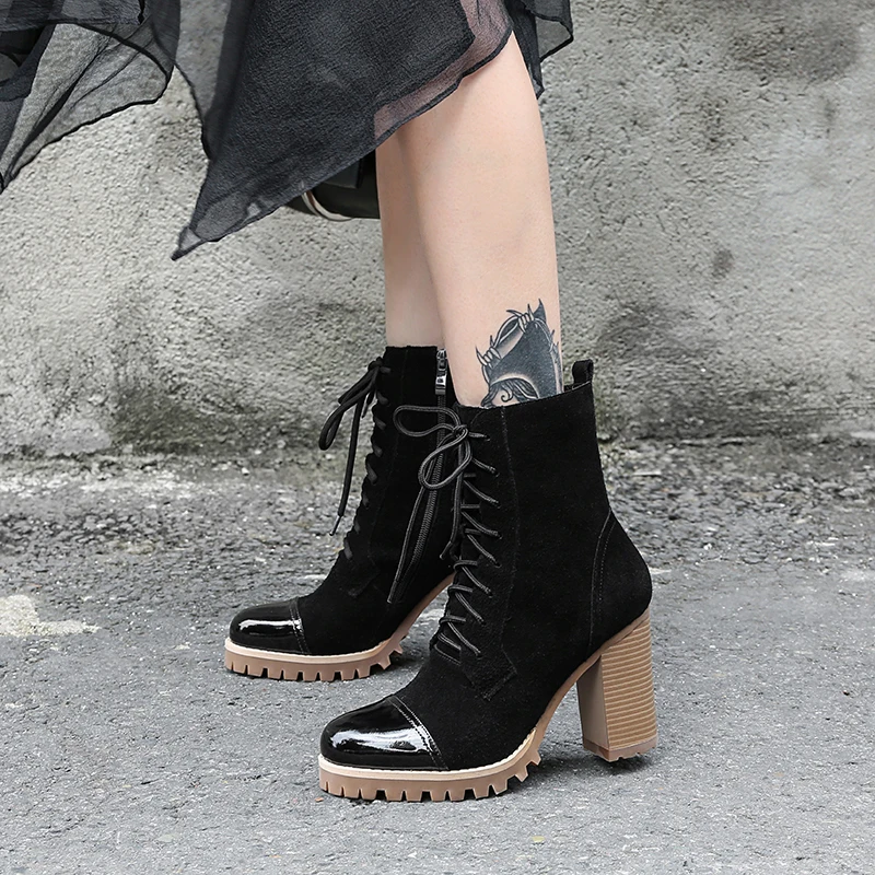 Cuir Semelles Automne Mode Bimolter Bottines Vache À Compensées Daim Nouvelle En Black Bottes Talons Lacets Chaussures Femme Noir Nb005 De Véritable Carrés qx8q7gw6
