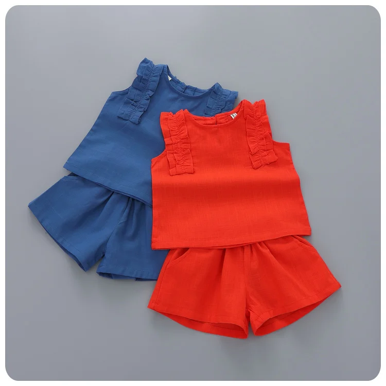 

Girl Baby Summer Wear Pattern Korean Girl Children's Garment Solid Color Lace Sleeve Jacket T-Shirt Shorts Concise Pieces Suit