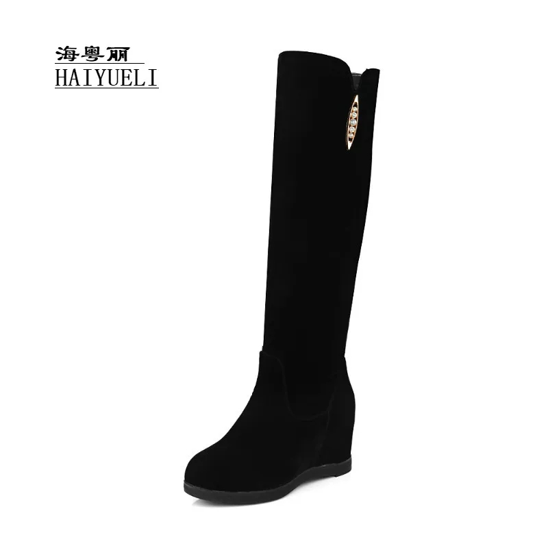 

Women Suede Round Toe with Platform with Crystal Wedges Heels Comfortable Winter Mid-Calf Boots