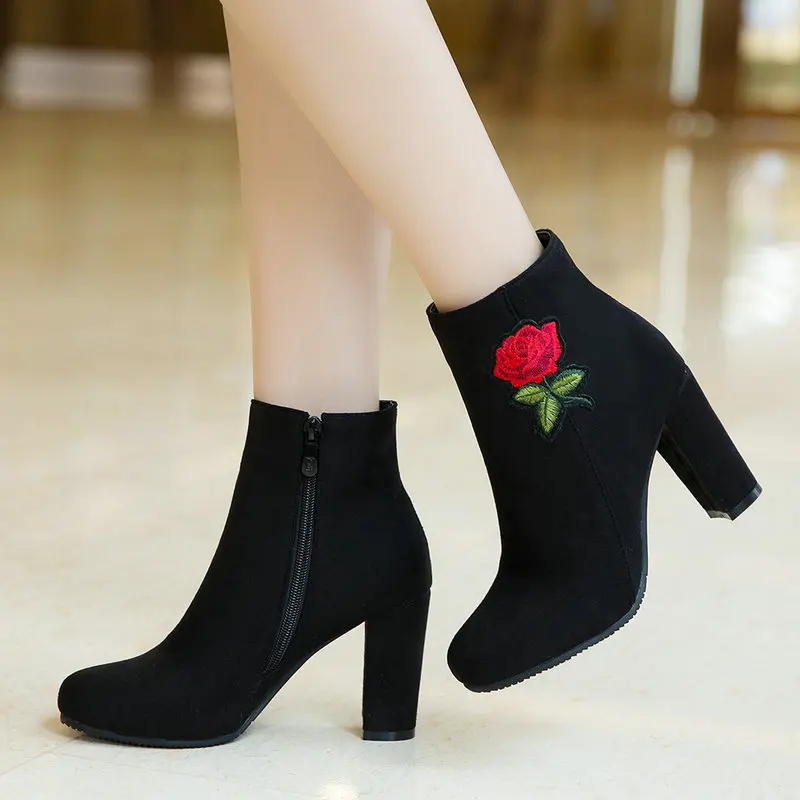 

Women Ankle Boots Flock Thick High Heels Zipper Boots Round Toe Autumn Winter Fashion Woman Shoes Size 34-43 2018