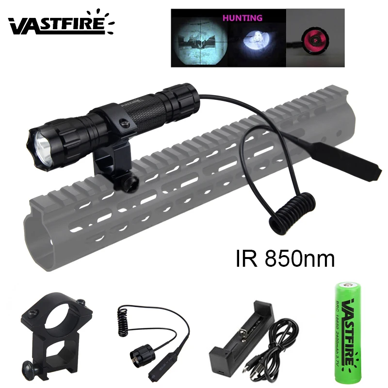 

5W IR 850nm LED Hunting Flashlight Infrared Radiation Night Vision Tactical Lantern+18650 Battery+USB Charger+Rifle Scope Mount