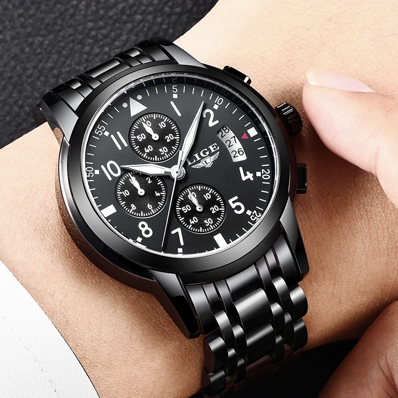 

LIGE Men Watch Top Brand Luxury Fashion Business Quartz Watches Mens Sport Full Steel Waterproof Black Clock Relogio Masculino