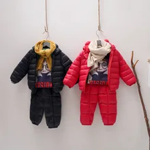 Осенне-зимняя детская одежда однотонная хлопковая стеганая куртка с капюшоном и длинными рукавами из полиэстера на молнии эластичные штаны детские комплекты