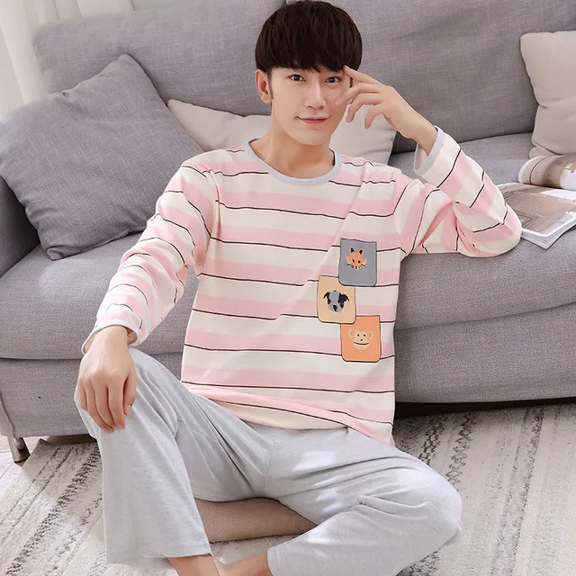 pyjama homme Autumn Winter Long Men's Cotton Pajamas Letter Striped Sleepwear Cartoon Pajama Sets Casual Men Pyjamas Plus Size 4XL Pijama mens silk pajamas Pajama Sets