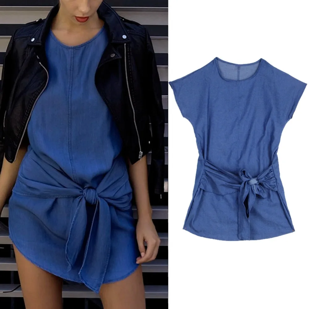 Summer Fashion Womens Short Sleeve Jeans Long T shirt Casual Denim Mini Dress