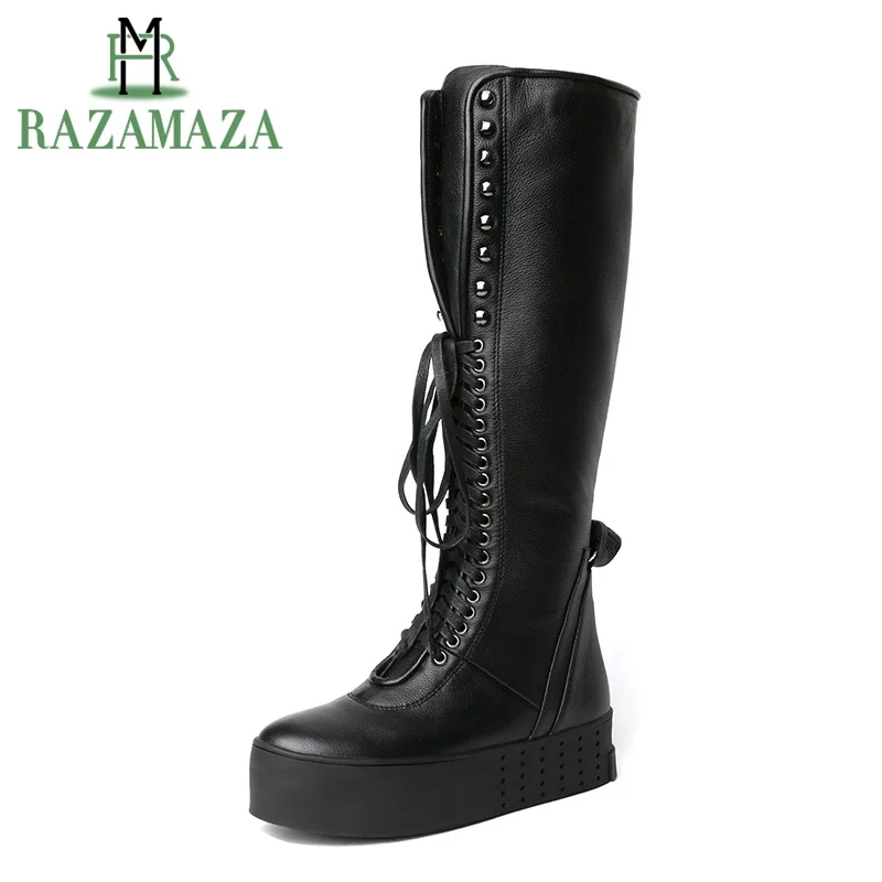 

ZALAVOR Novelty Boots Cross Tied Real Leather Knee Boots Shoes Women Winter Fashion Fur Long Boots Female Ridding Boots