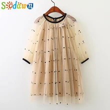Sodawn/ г. Лето-осень, новое модное Сетчатое платье с волнистым принтом платье для девочек, детская одежда пляжное платье для девочек