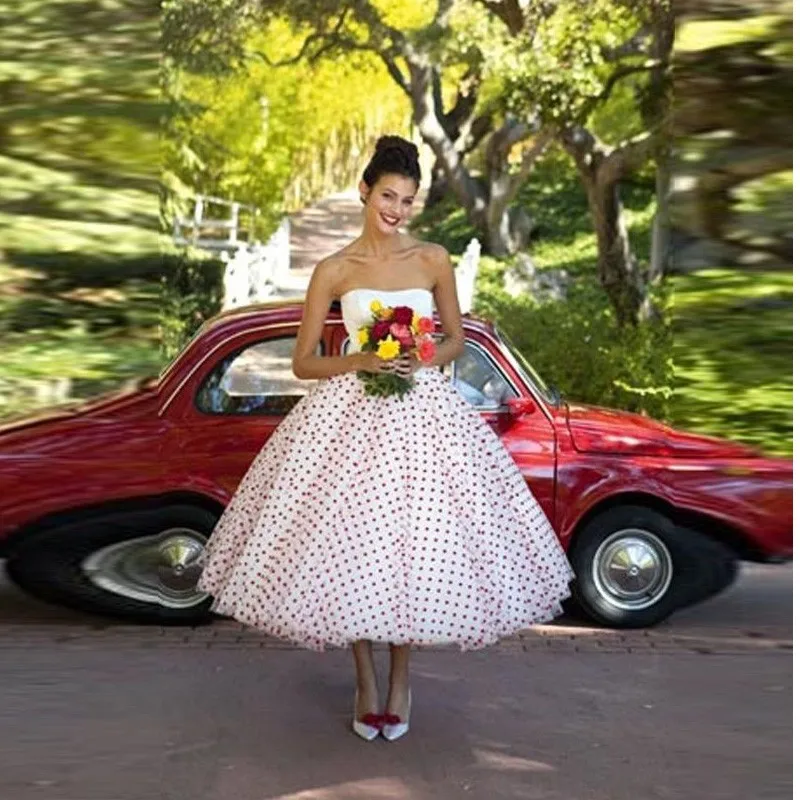 Cheap Polka Dot White and Red Wedding Dresses Strapless Tea Length Short Wedding Dress Bridal 
